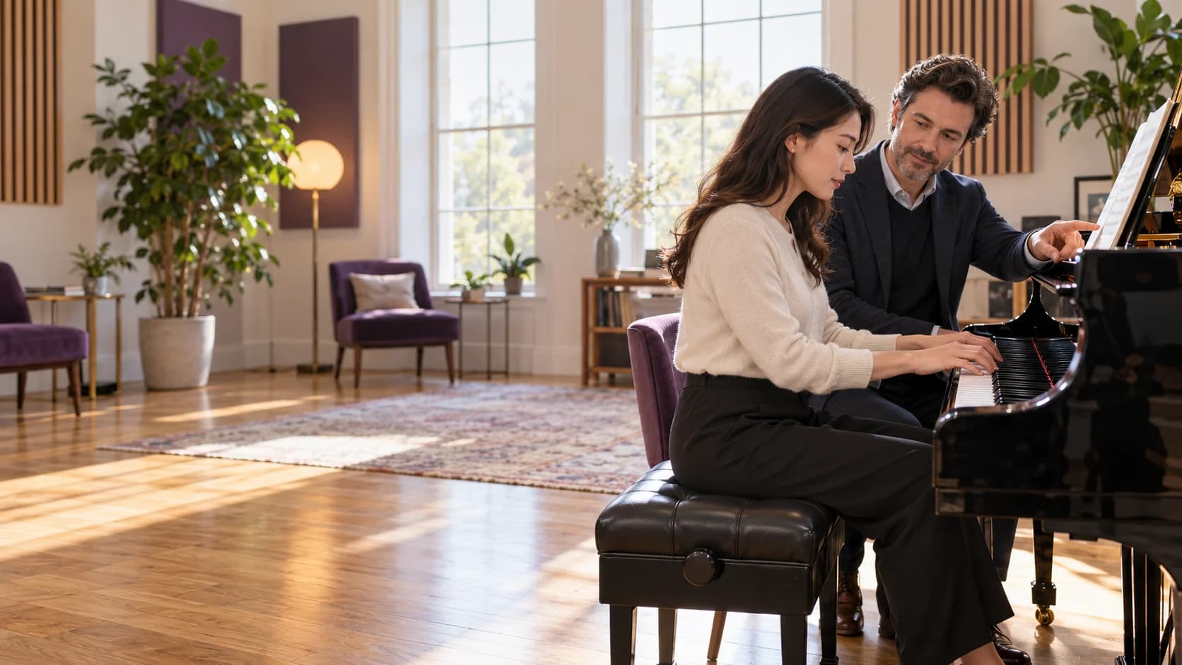 Illustration : cours de piano dans un studio lumineux